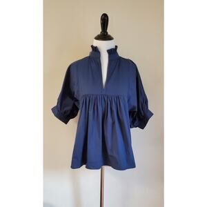 NWT Never A Wallflower Women's Navy Cotton Poplin Puff Sleeve Blouse Size XS